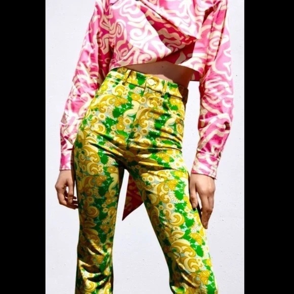 💚ZARA,Psychedelic Green/Yellow 1960’s Floral Printed High-rise Trouser,Size XS - Picture 3 of 14